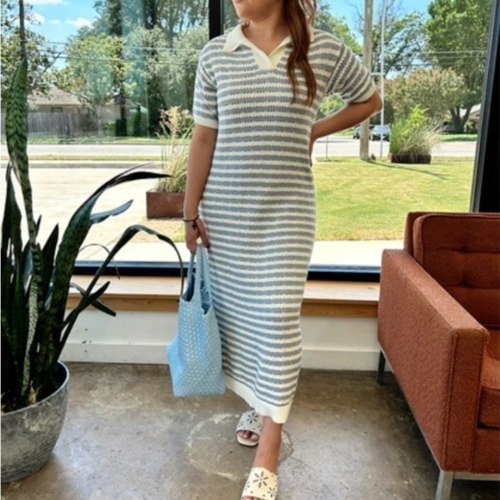 Miou Muse Striped Open Knit Midi Dress Collared Blue/White Size M NEW Nautical